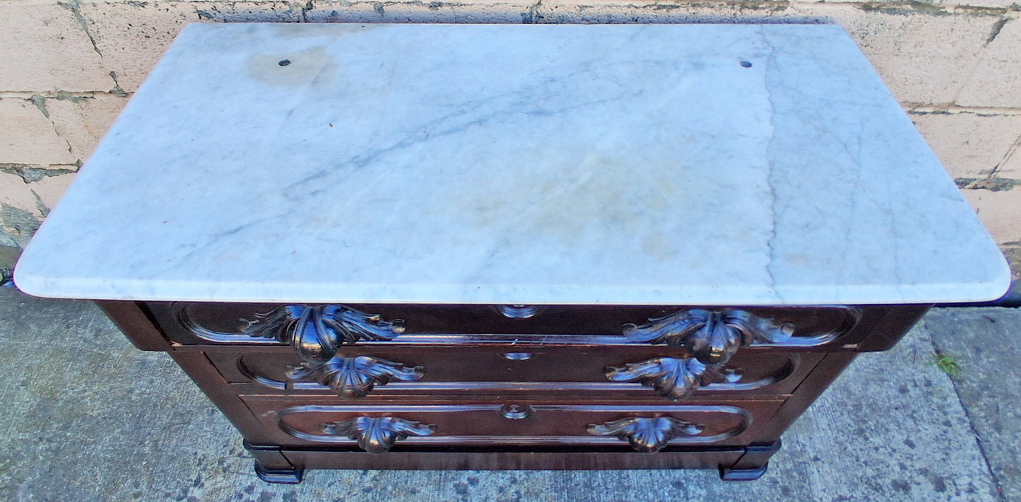Antique Vintage Old Victorian Eastlake Style Reclaimed Salvaged Solid Wood Wooden Marble Top Slab Dresser Server Chest of Drawers