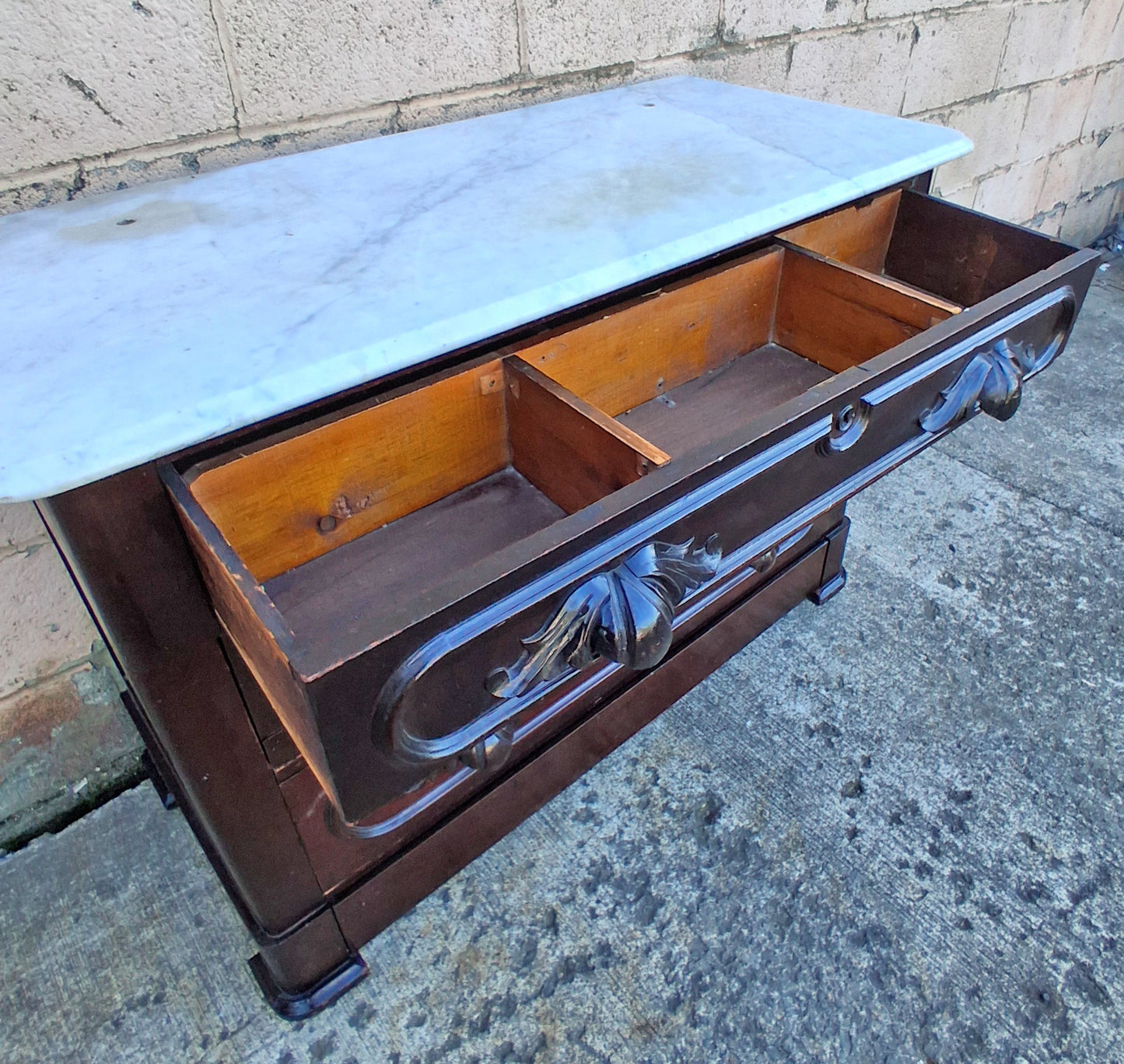 Antique Vintage Old Victorian Eastlake Style Reclaimed Salvaged Solid Wood Wooden Marble Top Slab Dresser Server Chest of Drawers