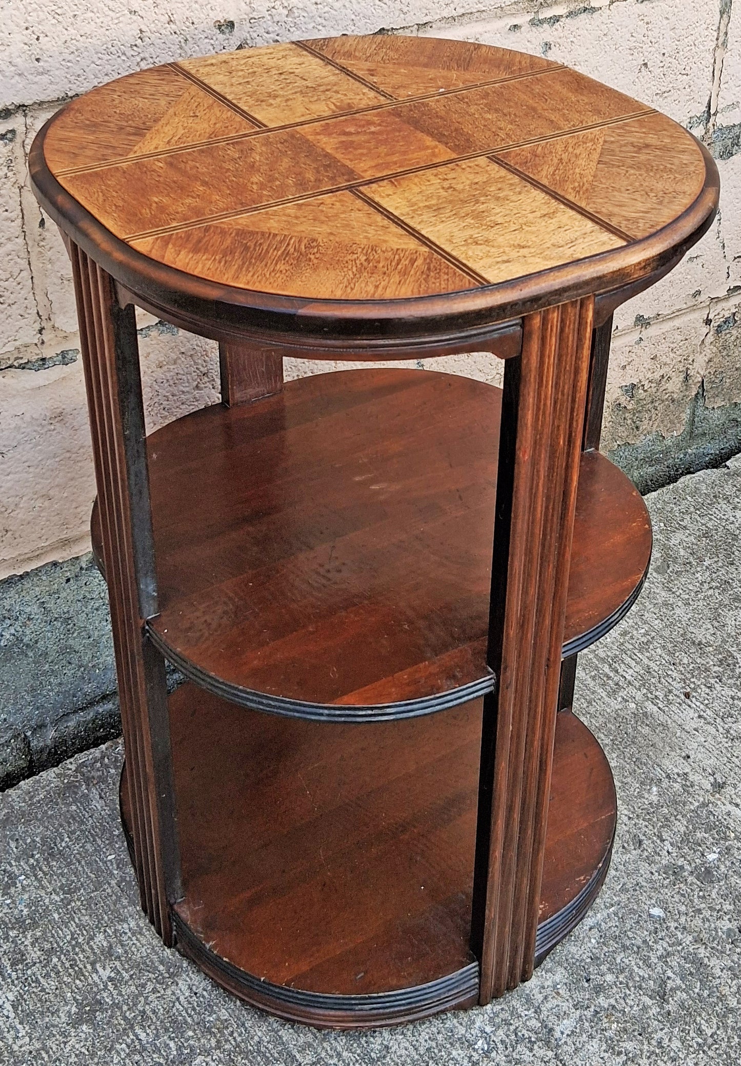 Antique Vintage Old Reclaimed Salvaged Art Deco Waterfall SOLID Mahogany Wood Wooden 3 TIER Round Circle Circular End Side Sofa Accent Table