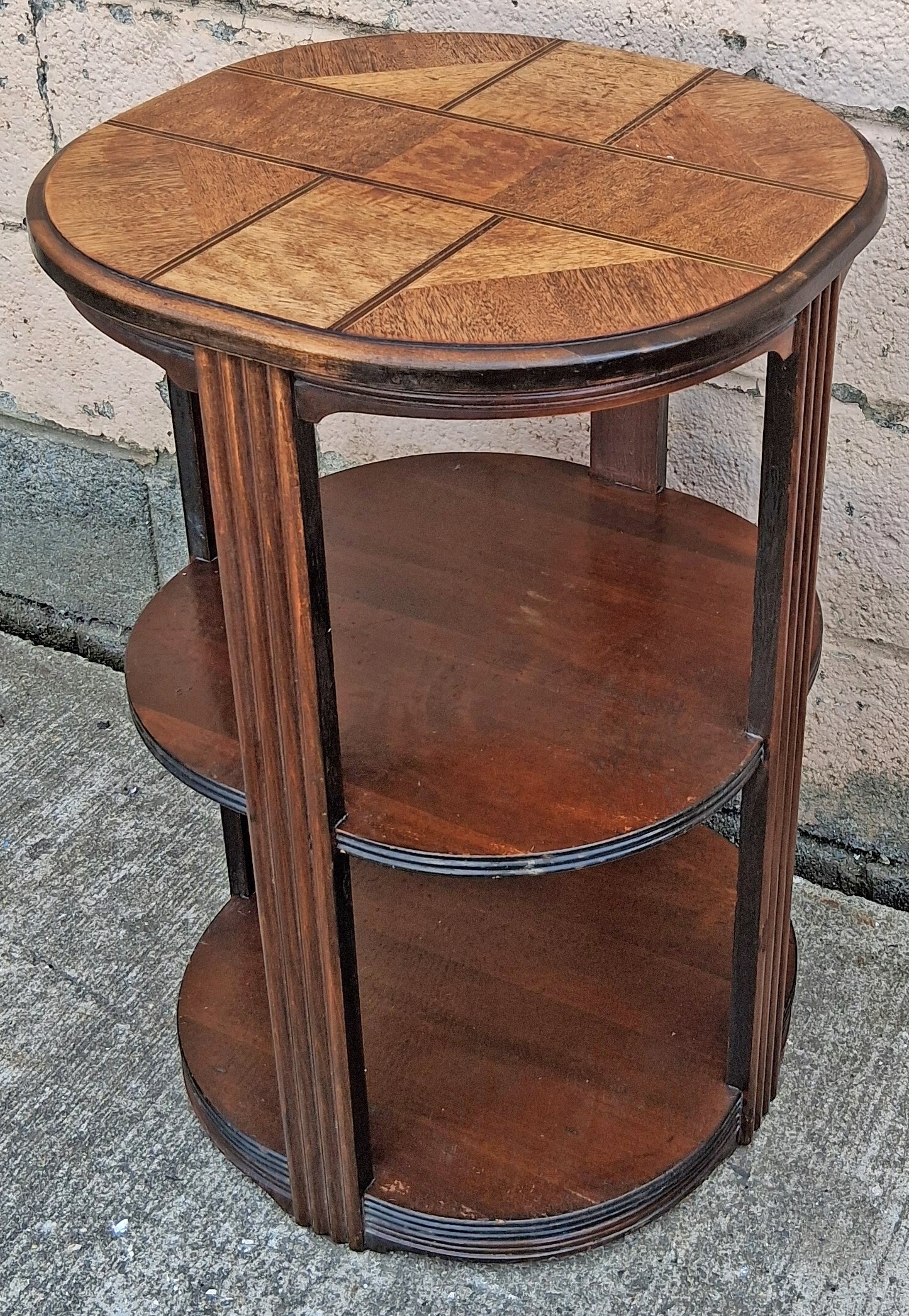 Antique Vintage Old Reclaimed Salvaged Art Deco Waterfall SOLID Mahogany Wood Wooden 3 TIER Round Circle Circular End Side Sofa Accent Table