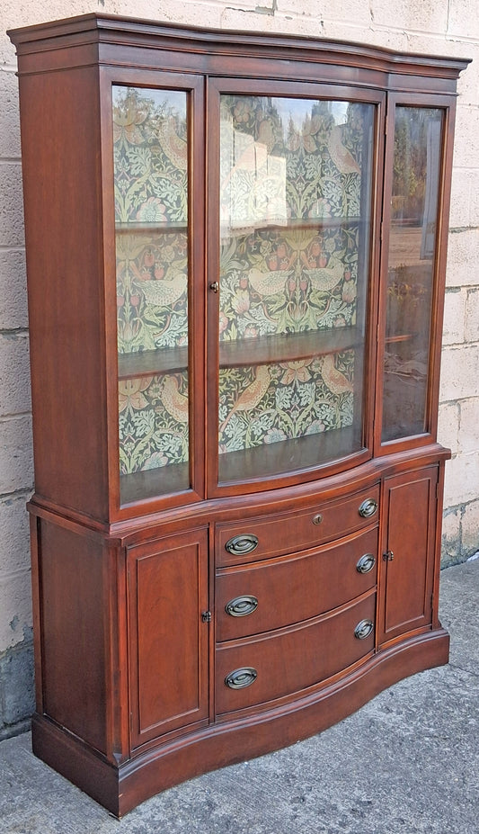 Antique Vintage Old Salvaged Reclaimed Bassett Federal Solid Wood Mahogany Wooden Bow Front Curved Curio China Buffet Server Display Hutch Cabinet