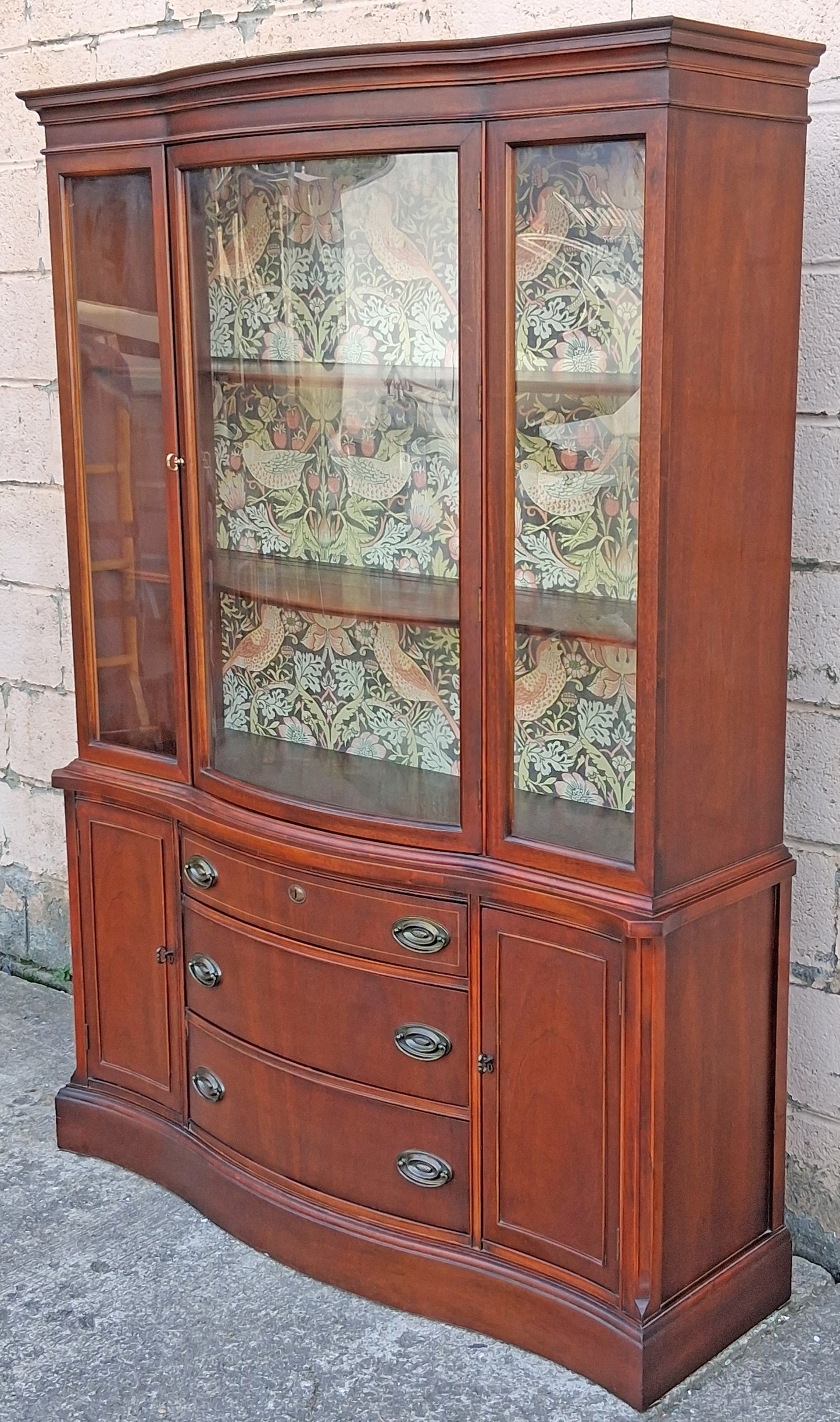 Antique Vintage Old Salvaged Reclaimed Bassett Federal Solid Wood Mahogany Wooden Bow Front Curved Curio China Buffet Server Display Hutch Cabinet