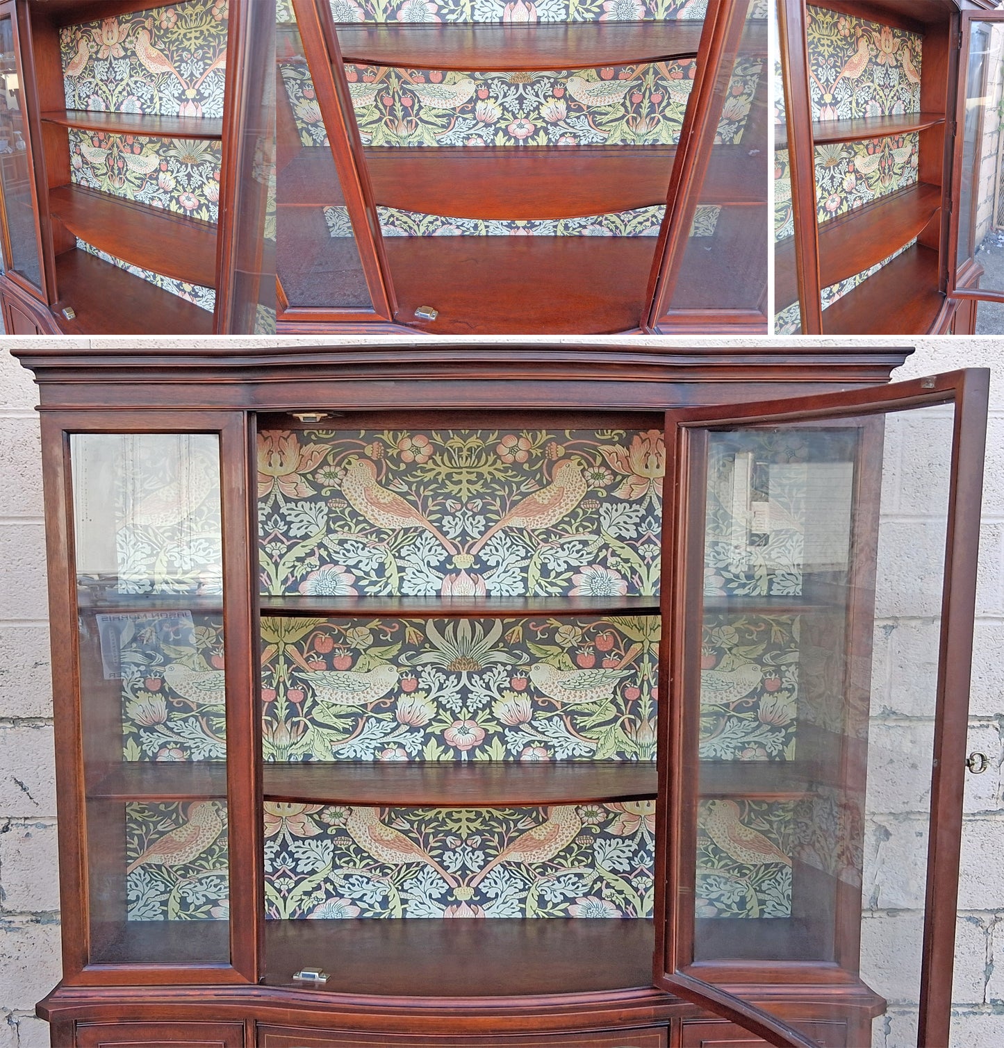 Antique Vintage Old Salvaged Reclaimed Bassett Federal Solid Wood Mahogany Wooden Bow Front Curved Curio China Buffet Server Display Hutch Cabinet