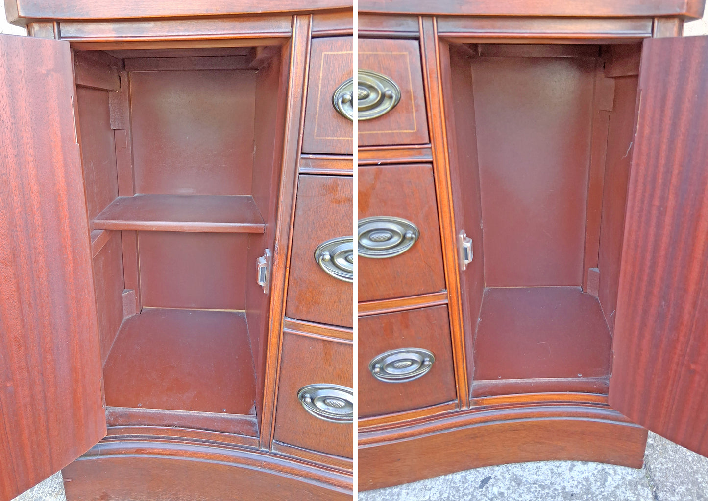 Antique Vintage Old Salvaged Reclaimed Bassett Federal Solid Wood Mahogany Wooden Bow Front Curved Curio China Buffet Server Display Hutch Cabinet