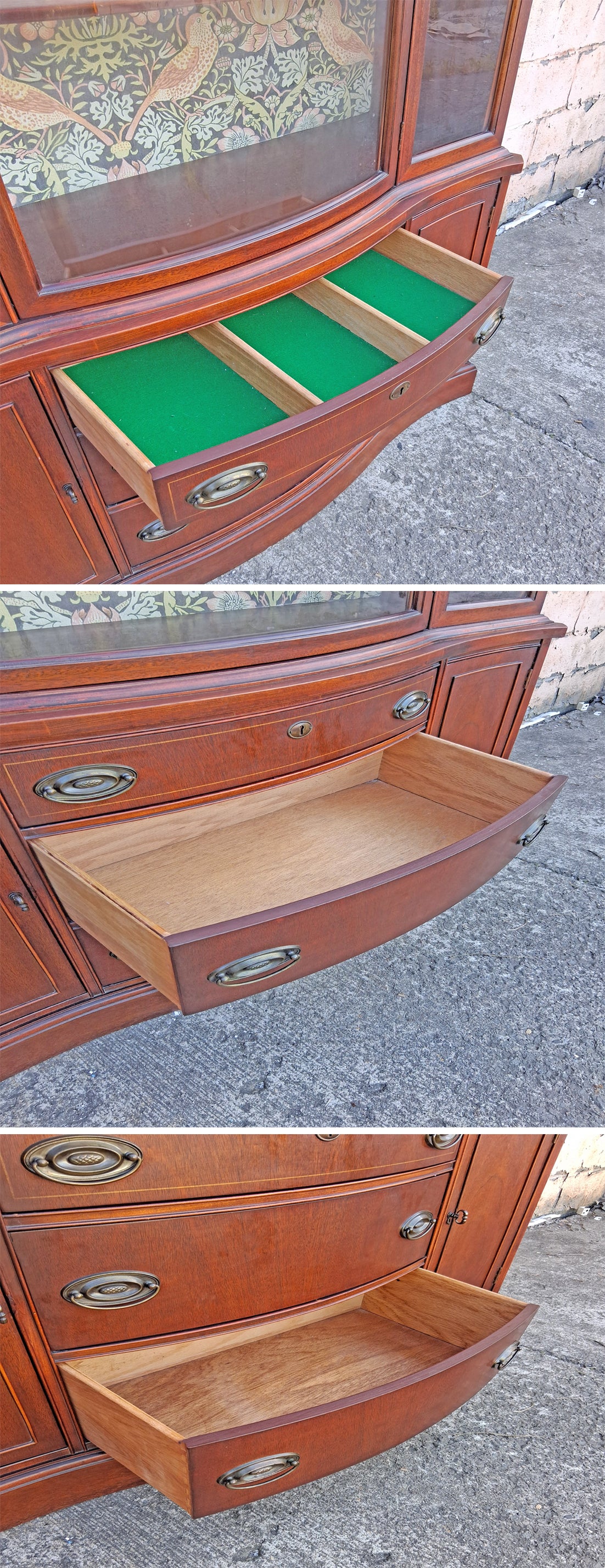 Antique Vintage Old Salvaged Reclaimed Bassett Federal Solid Wood Mahogany Wooden Bow Front Curved Curio China Buffet Server Display Hutch Cabinet