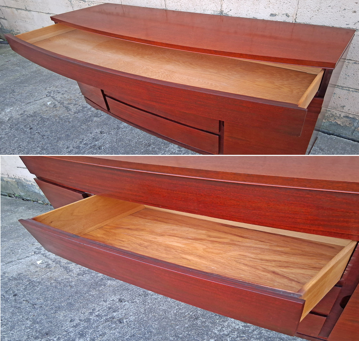 Antique Vintage Old Reclaimed Salvaged Mid Century Modern SOLID Wood Mahogany Wooden Bow Front Curved Buffet Server Cabinet Dresser Drawers