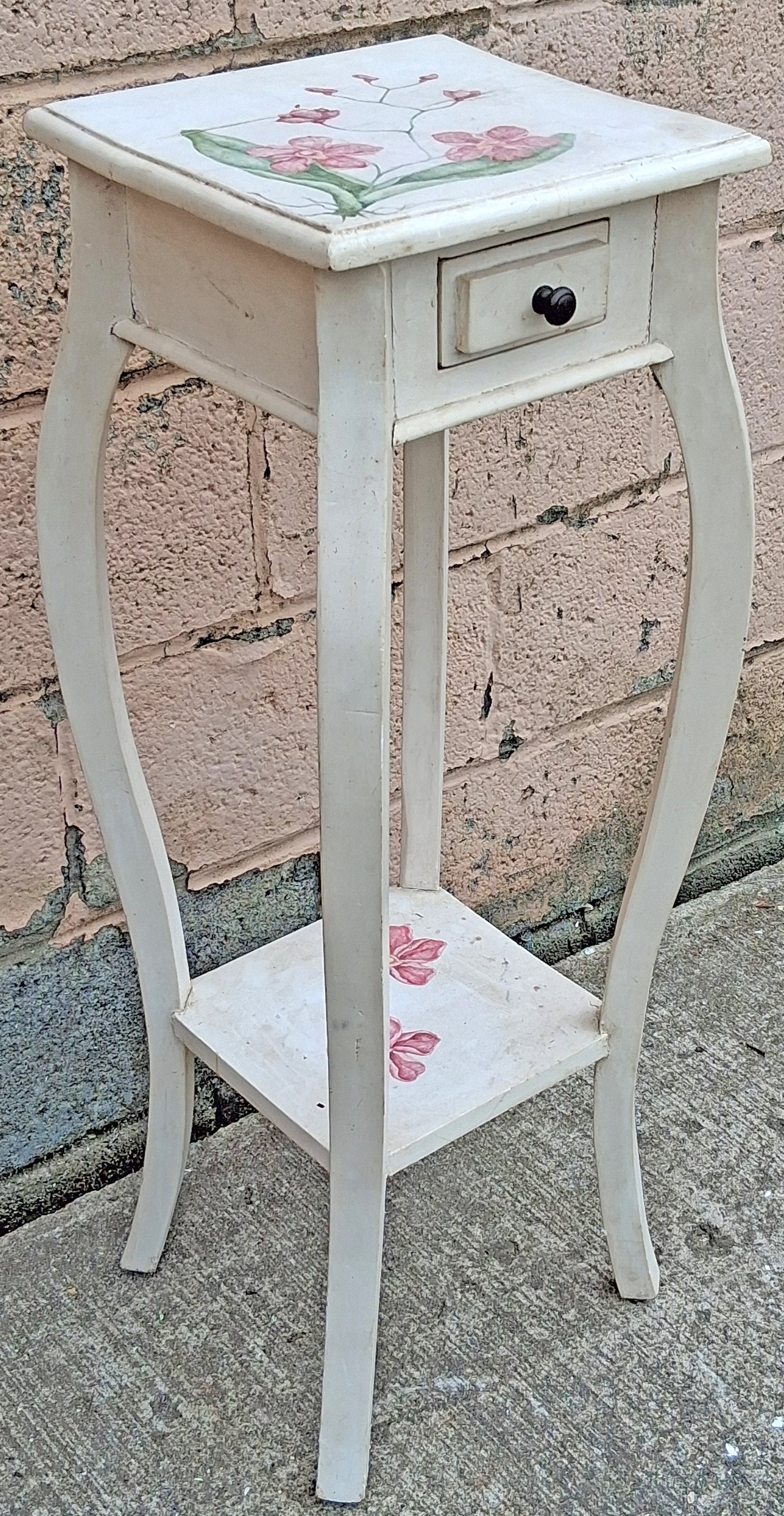 Antique Vintage Hand Painted Old French Provincial Country SOLID Wood Wooden Bowed Lamp End Side Accent Plant Hall Table Nightstand Shelf