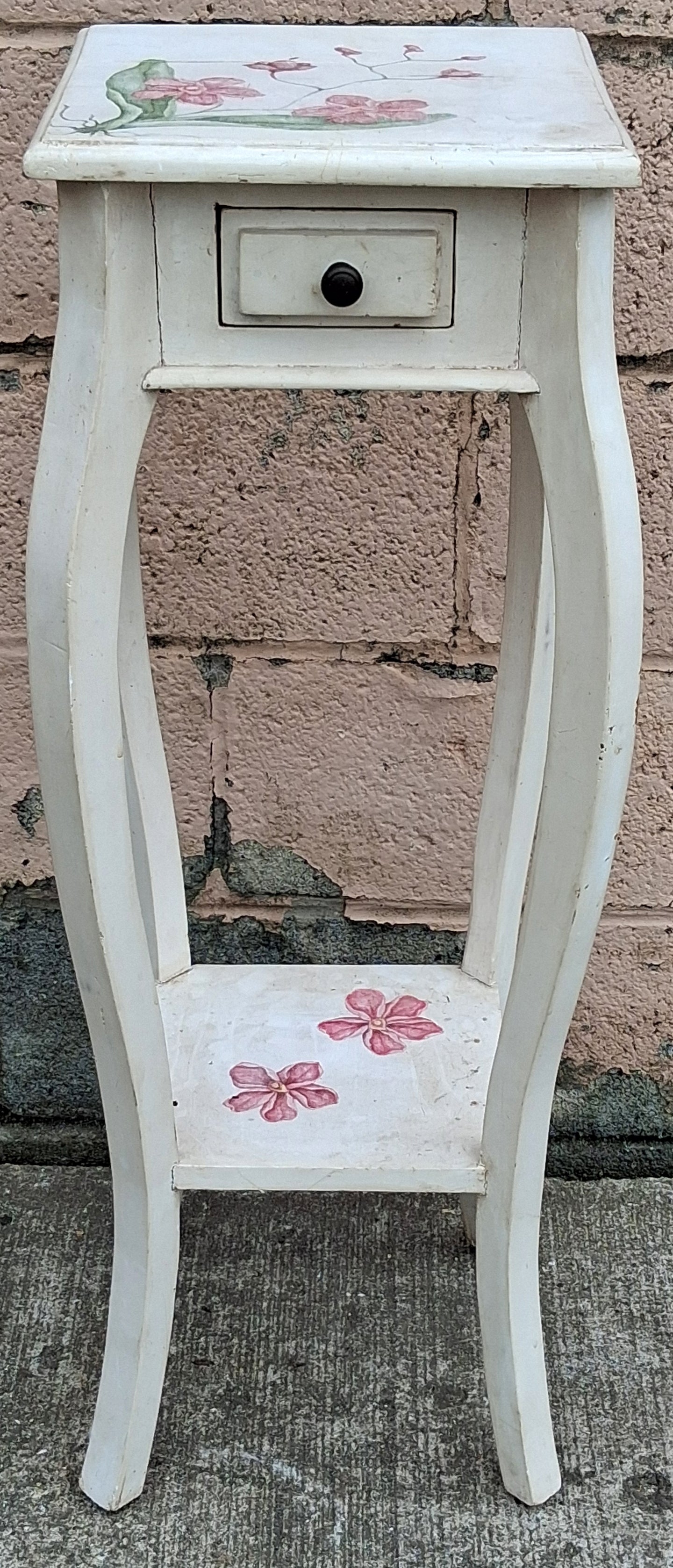 Antique Vintage Hand Painted Old French Provincial Country SOLID Wood Wooden Bowed Lamp End Side Accent Plant Hall Table Nightstand Shelf