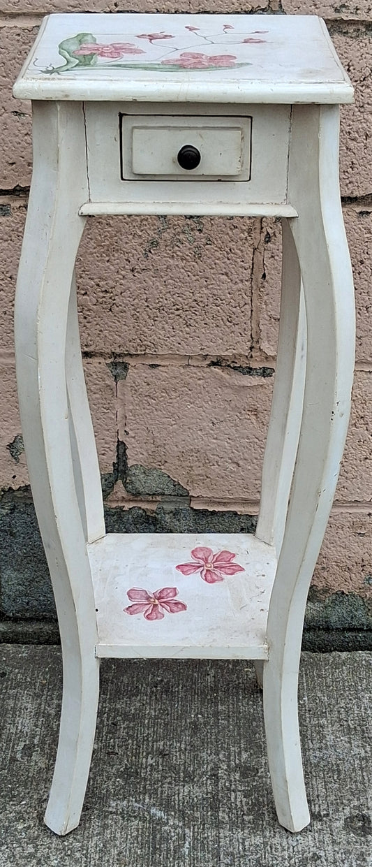 Antique Vintage Hand Painted Old French Provincial Country SOLID Wood Wooden Bowed Lamp End Side Accent Plant Hall Table Nightstand Shelf