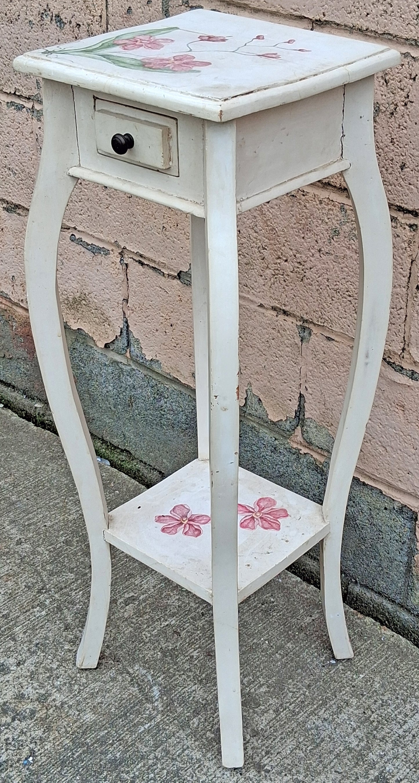 Antique Vintage Hand Painted Old French Provincial Country SOLID Wood Wooden Bowed Lamp End Side Accent Plant Hall Table Nightstand Shelf