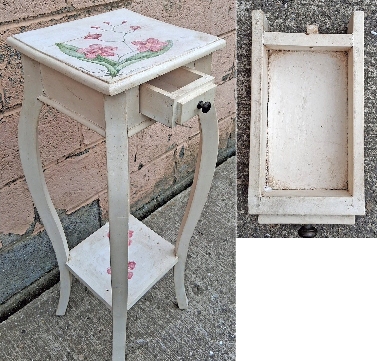 Antique Vintage Hand Painted Old French Provincial Country SOLID Wood Wooden Bowed Lamp End Side Accent Plant Hall Table Nightstand Shelf