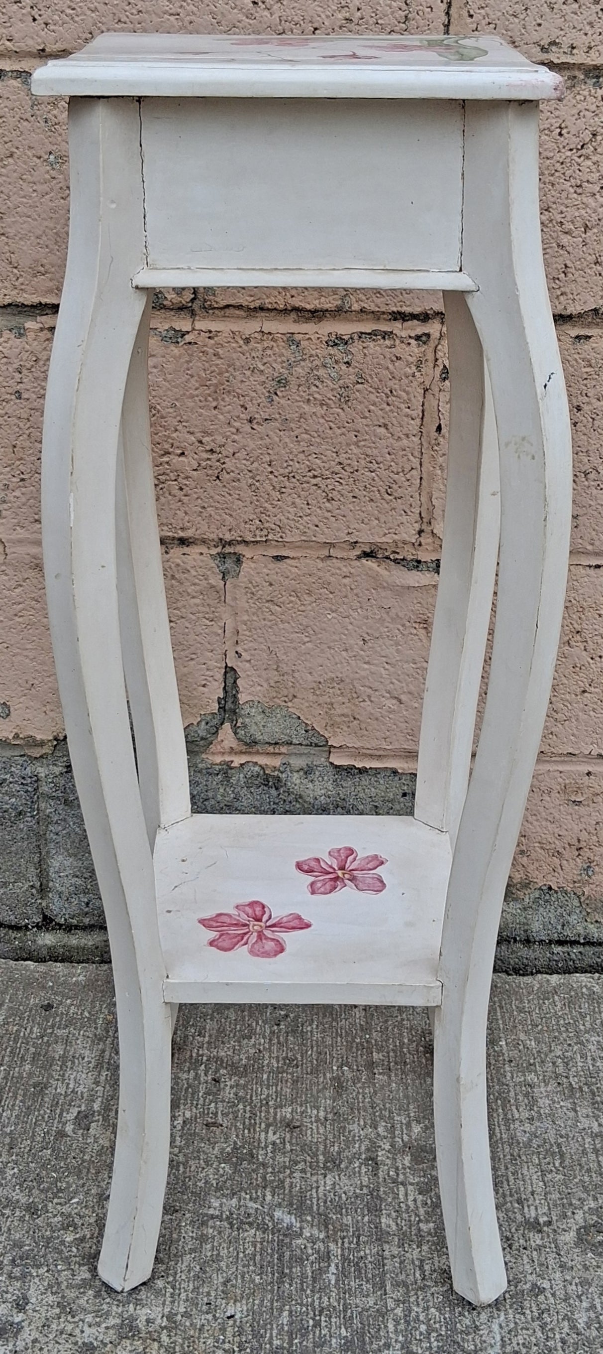 Antique Vintage Hand Painted Old French Provincial Country SOLID Wood Wooden Bowed Lamp End Side Accent Plant Hall Table Nightstand Shelf