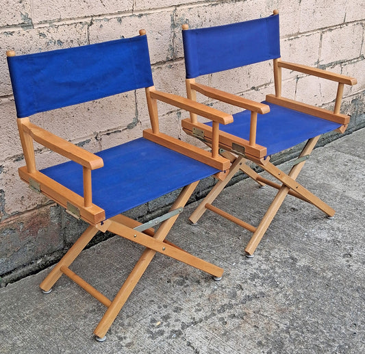 Pair of Vintage Antique Reclaimed Salvaged MCM Mid Century SOLID Wood Wooden Fabric Folding Foldable Portable Commander Director Chair Seat