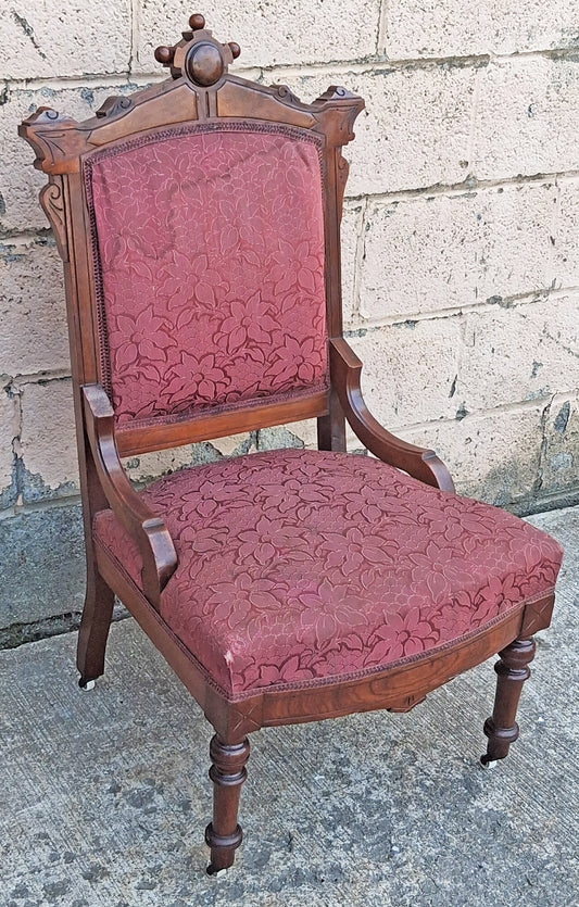 Antique Vintage Old Carved Reclaimed Salvaged Eastlake Victorian SOLID Wood Wooden Side Dining Accent Chair Purple Red Fabric Casters