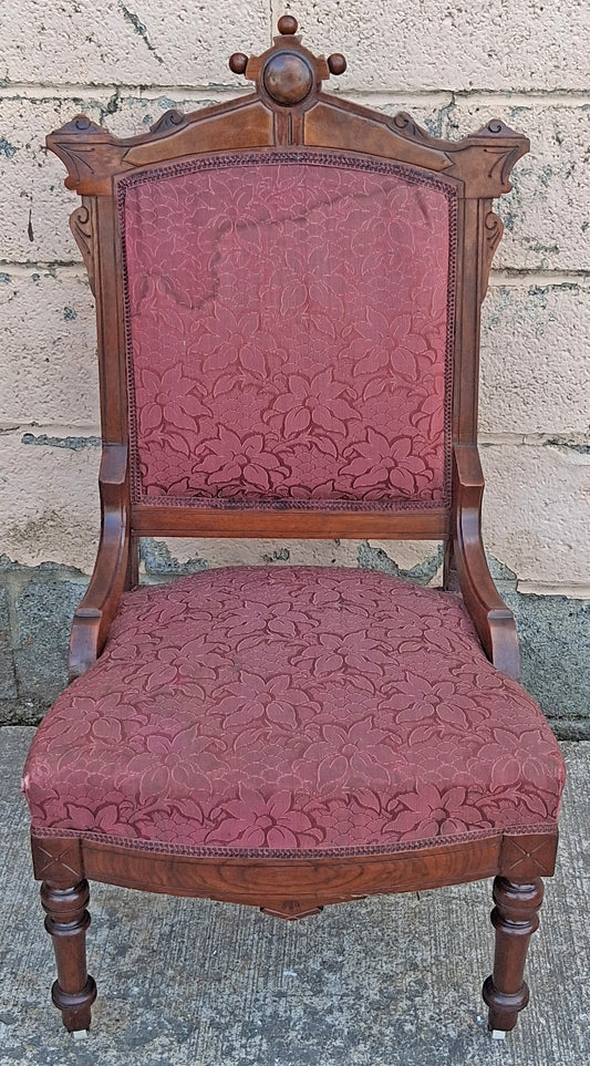Antique Vintage Old Carved Reclaimed Salvaged Eastlake Victorian SOLID Wood Wooden Side Dining Accent Chair Purple Red Fabric Casters