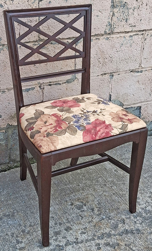 Antique Vintage Old Chippendale SOLID Wood Wooden Carved Side Trellis Lattice Back Dining Accent Desk Chair Floral Fabric Seat