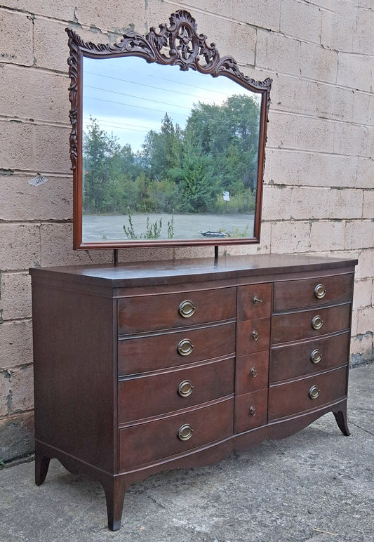 Antique Vintage Old Reclaimed Salvaged Federal Chippendale Colonial Solid Mahogany Birch Wood Wooden Cabinet Dresser Chest of Drawers Vanity Mirror