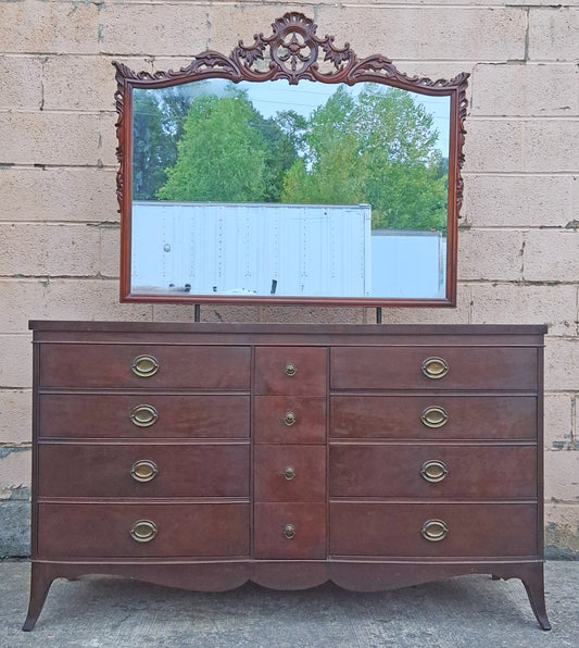 Antique Vintage Old Reclaimed Salvaged Federal Chippendale Colonial Solid Mahogany Birch Wood Wooden Cabinet Dresser Chest of Drawers Vanity Mirror