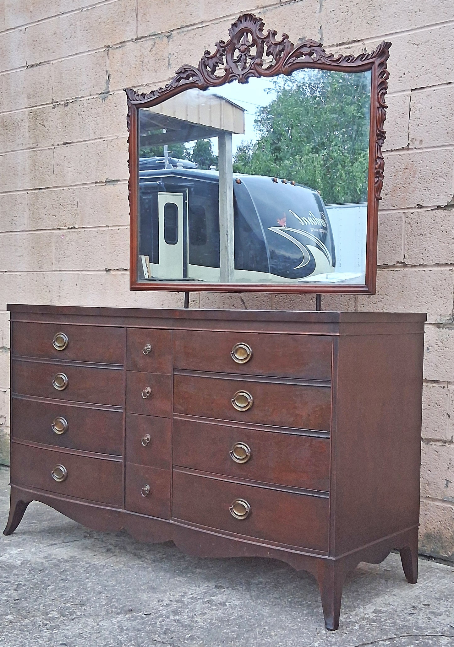 Antique Vintage Old Reclaimed Salvaged Federal Chippendale Colonial Solid Mahogany Birch Wood Wooden Cabinet Dresser Chest of Drawers Vanity Mirror