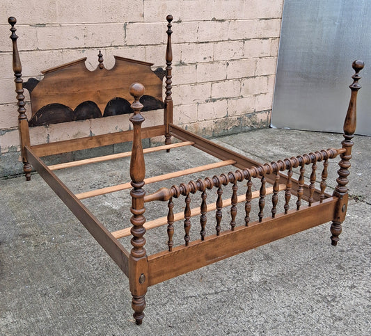 Vintage Antique Old Reclaimed Salvaged Ethan Allen Colonial Style SOLID Birch Wood Wooden Full Sized Poster Spool Bed Frame Head Foot Board