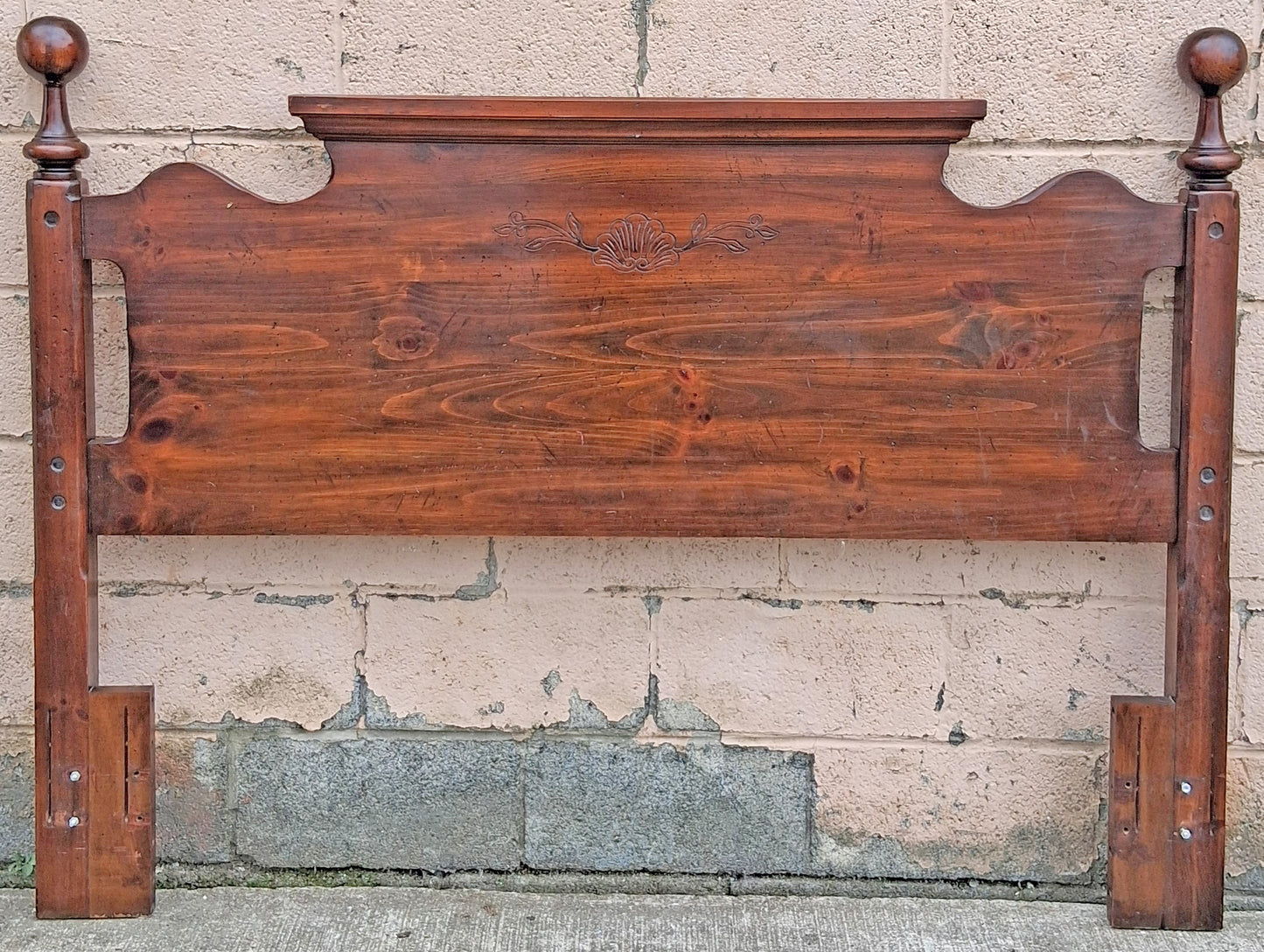 63"x48.5" Vintage Antique Old Reclaimed Salvaged Colonial Traditional Cannonball SOLID Wooden Wood Queen Full Adjustable Size Bed Headboard