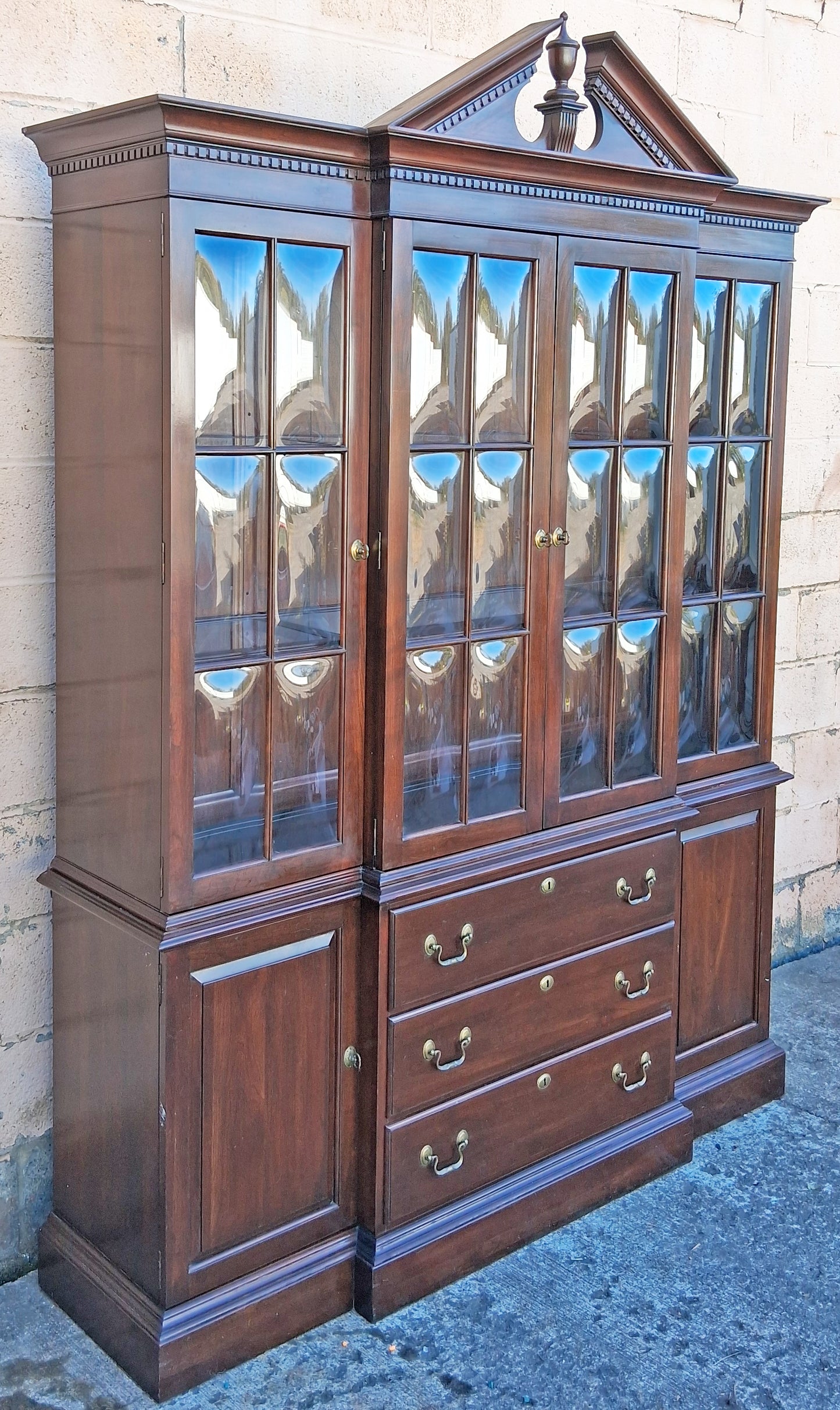 Vintage Antique Old Reclaimed Salvaged Ethan Allen Colonial Chippendale Birch Wooden Bubble Glass Breakfront Display Curio China Cabinet