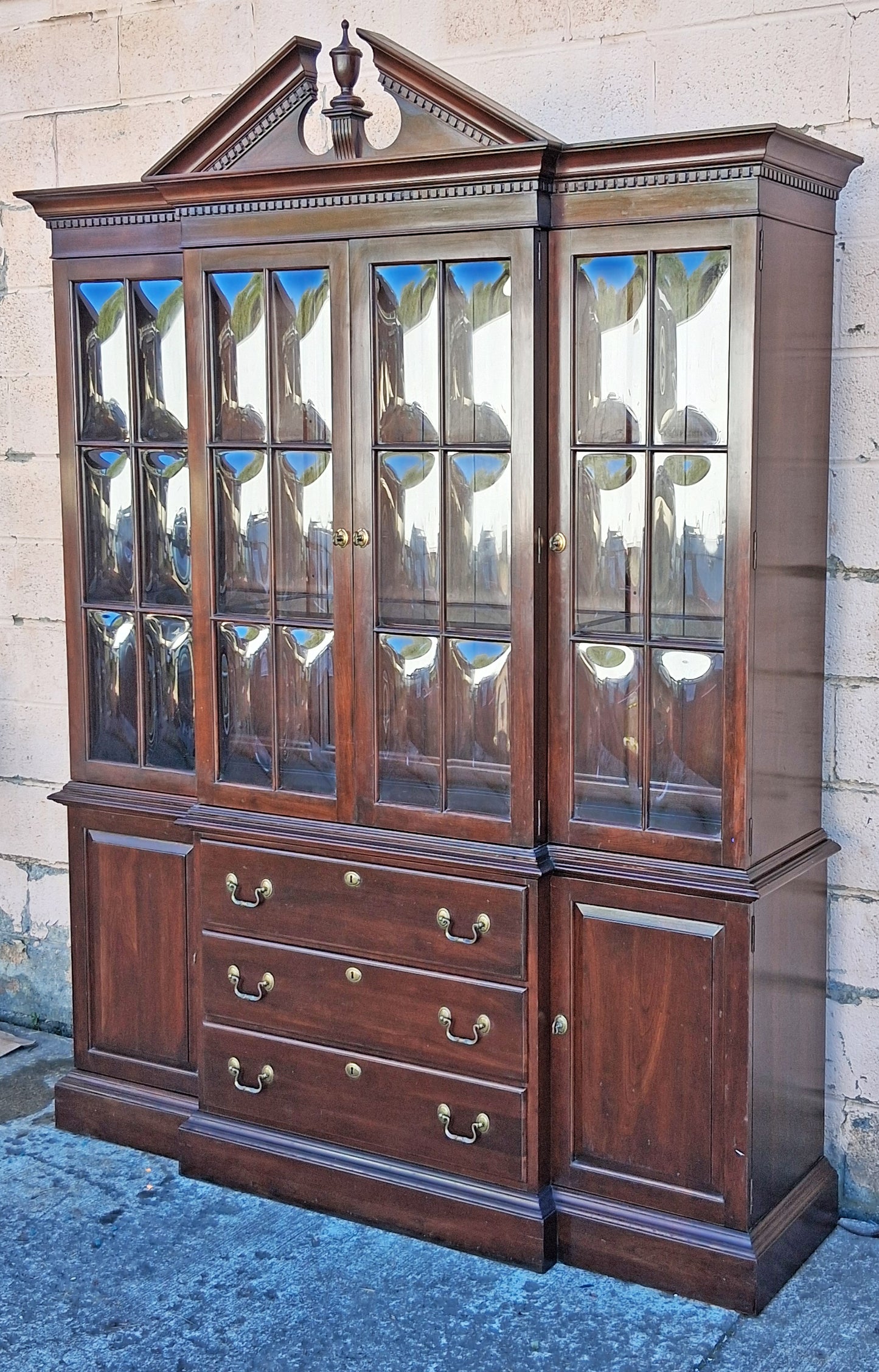 Vintage Antique Old Reclaimed Salvaged Ethan Allen Colonial Chippendale Birch Wooden Bubble Glass Breakfront Display Curio China Cabinet