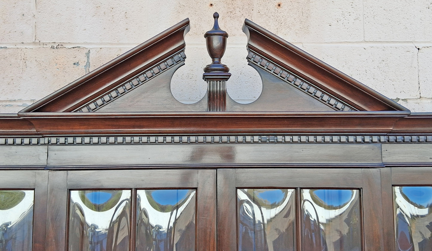 Vintage Antique Old Reclaimed Salvaged Ethan Allen Colonial Chippendale Birch Wooden Bubble Glass Breakfront Display Curio China Cabinet