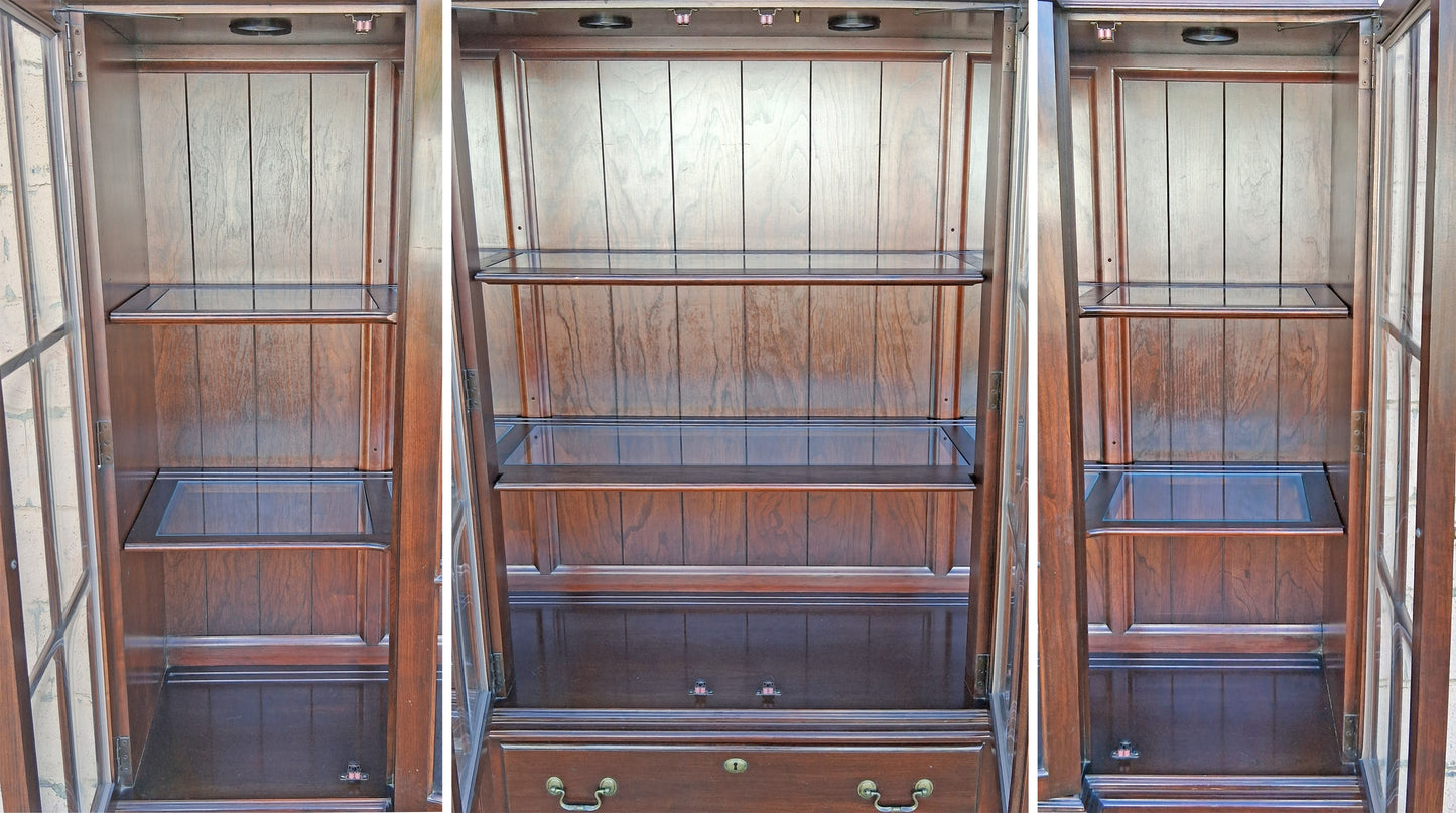 Vintage Antique Old Reclaimed Salvaged Ethan Allen Colonial Chippendale Birch Wooden Bubble Glass Breakfront Display Curio China Cabinet