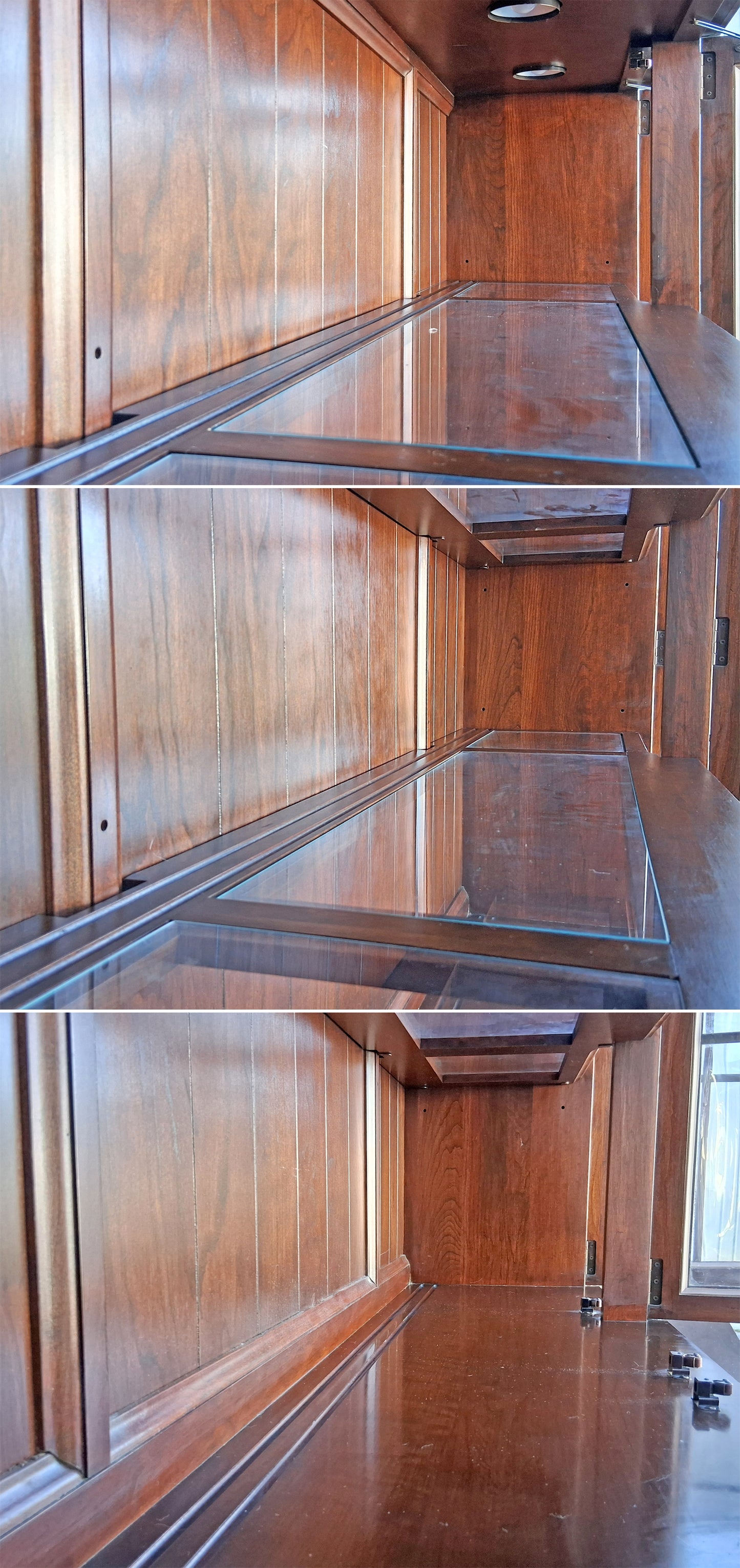 Vintage Antique Old Reclaimed Salvaged Ethan Allen Colonial Chippendale Birch Wooden Bubble Glass Breakfront Display Curio China Cabinet