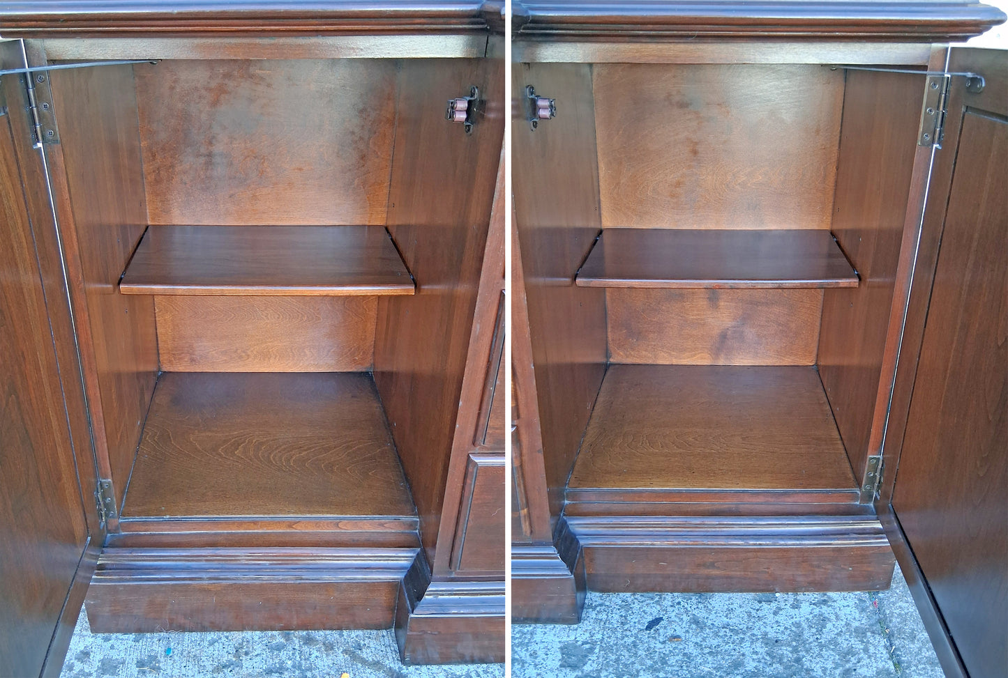 Vintage Antique Old Reclaimed Salvaged Ethan Allen Colonial Chippendale Birch Wooden Bubble Glass Breakfront Display Curio China Cabinet