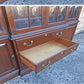 Vintage Antique Old Reclaimed Salvaged Ethan Allen Colonial Chippendale Birch Wooden Bubble Glass Breakfront Display Curio China Cabinet