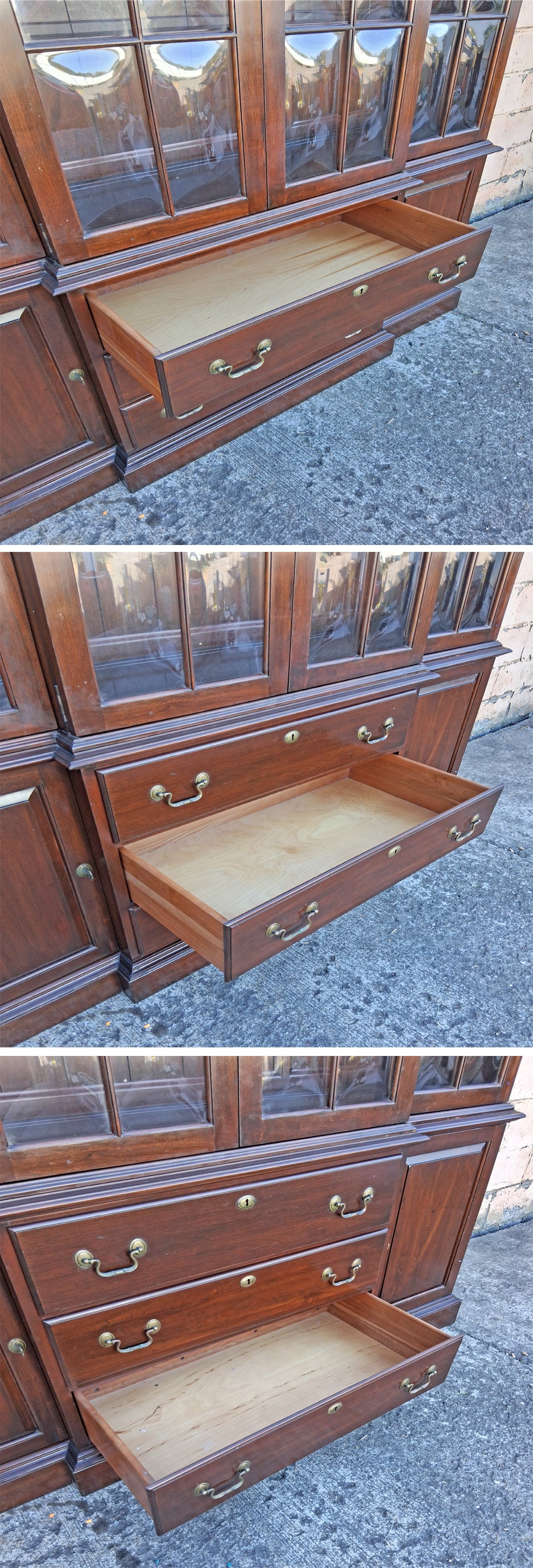 Vintage Antique Old Reclaimed Salvaged Ethan Allen Colonial Chippendale Birch Wooden Bubble Glass Breakfront Display Curio China Cabinet