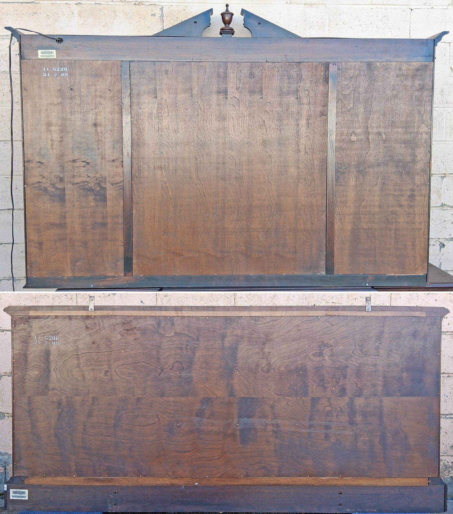 Vintage Antique Old Reclaimed Salvaged Ethan Allen Colonial Chippendale Birch Wooden Bubble Glass Breakfront Display Curio China Cabinet