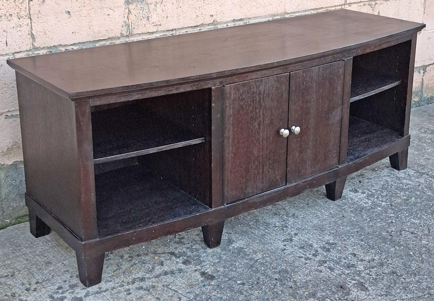 Vintage Old Reclaimed Salvaged Mid Century Modern SOLID Wood Oak Wooden Bow Front Curved Entertainment Center TV Stand Media Room Cabinet