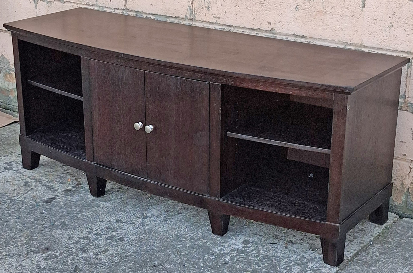 Vintage Old Reclaimed Salvaged Mid Century Modern SOLID Wood Oak Wooden Bow Front Curved Entertainment Center TV Stand Media Room Cabinet