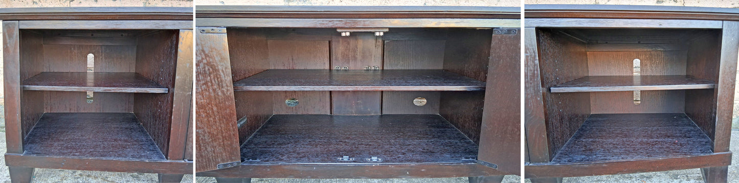 Vintage Old Reclaimed Salvaged Mid Century Modern SOLID Wood Oak Wooden Bow Front Curved Entertainment Center TV Stand Media Room Cabinet