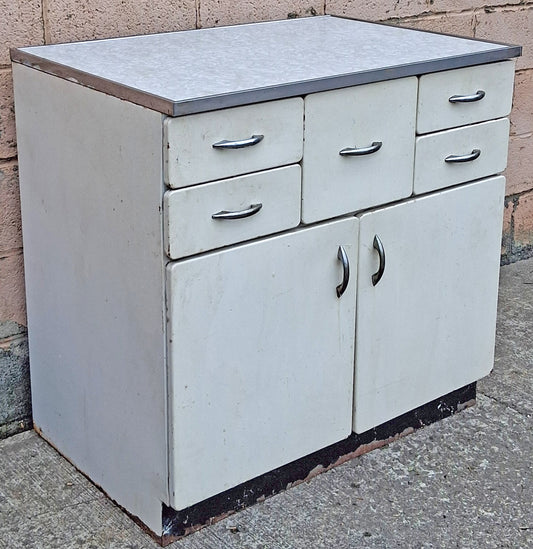 Antique Vintage Old Reclaimed Salvaged Art Deco Mid Century Modern Formica Top Metal Steel Microwave Stand Storage Kitchen Cabinet Cupboard