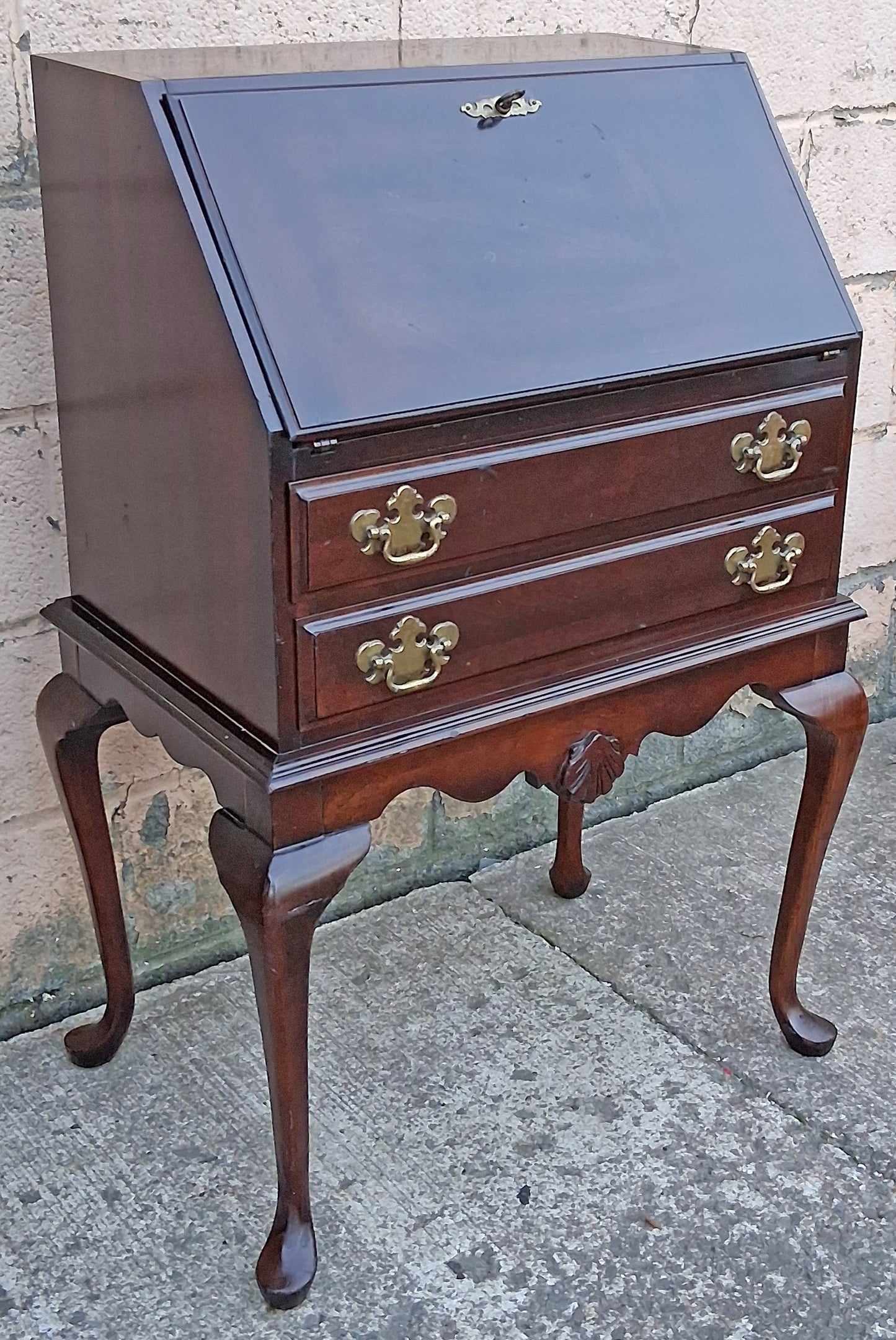 Vintage Antique Old Victorian Queen Anne SOLID Mahogany Slant Front Secretary Desk Shelves Writing Table Drawers