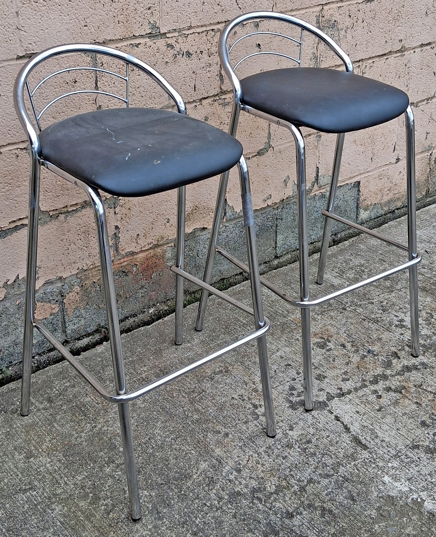 Pair of Vintage Old Reclaimed Salvaged Stackable Stacking Modern Chrome Counter Bar Dining Chairs Seat Stool Vinyl Upholstery Fabric