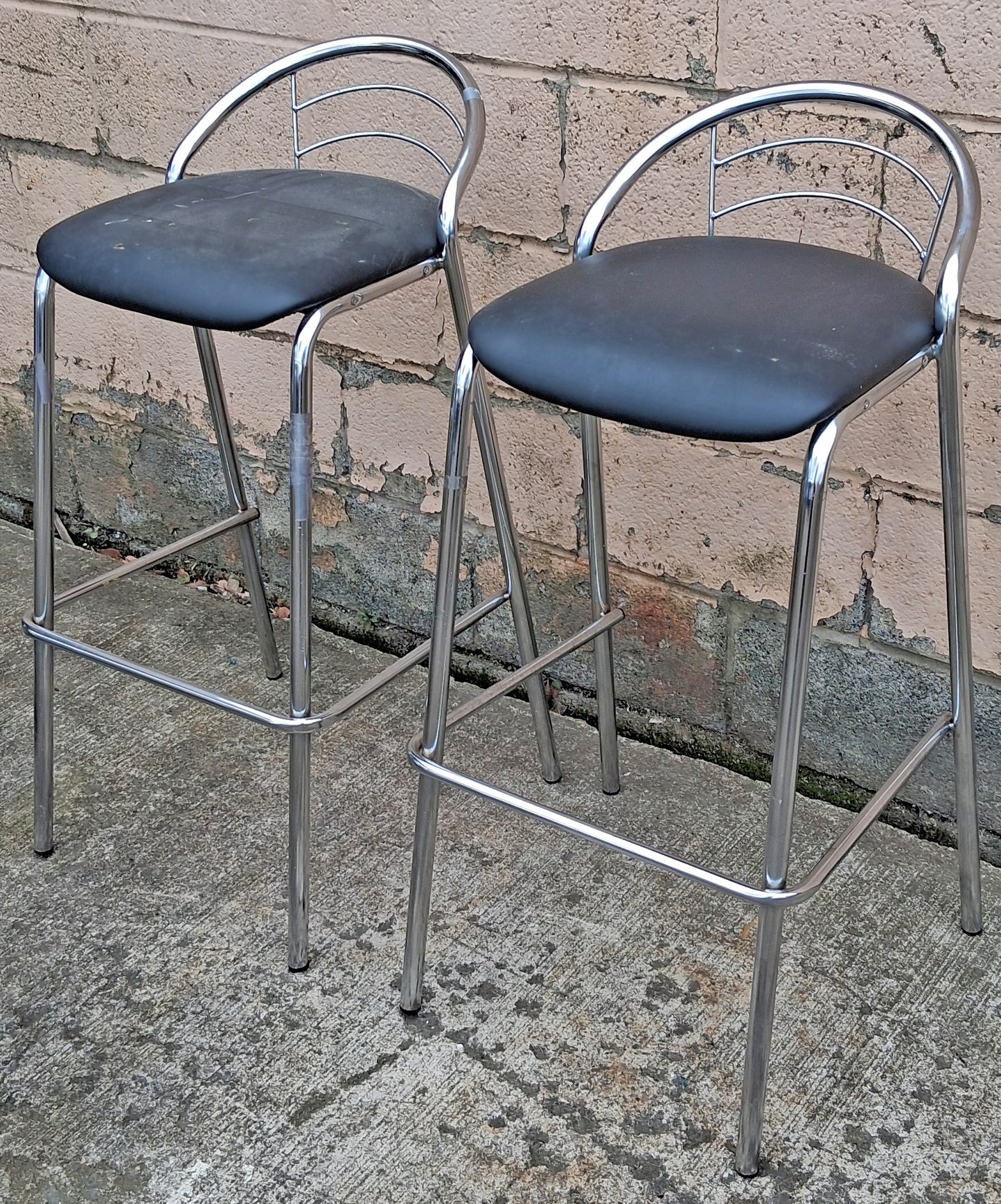 Pair of Vintage Old Reclaimed Salvaged Stackable Stacking Modern Chrome Counter Bar Dining Chairs Seat Stool Vinyl Upholstery Fabric