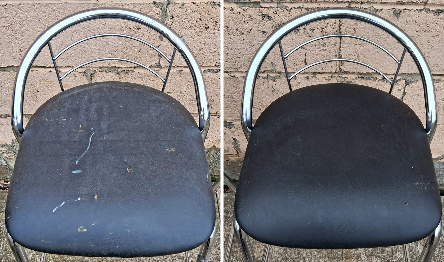 Pair of Vintage Old Reclaimed Salvaged Stackable Stacking Modern Chrome Counter Bar Dining Chairs Seat Stool Vinyl Upholstery Fabric