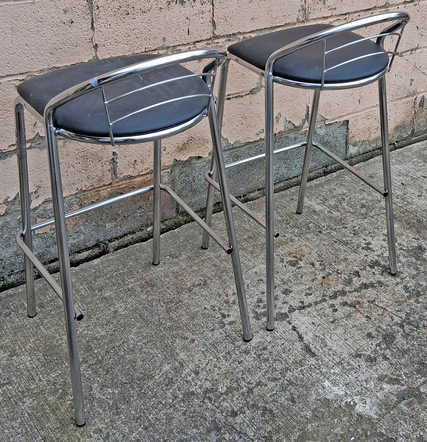 Pair of Vintage Old Reclaimed Salvaged Stackable Stacking Modern Chrome Counter Bar Dining Chairs Seat Stool Vinyl Upholstery Fabric