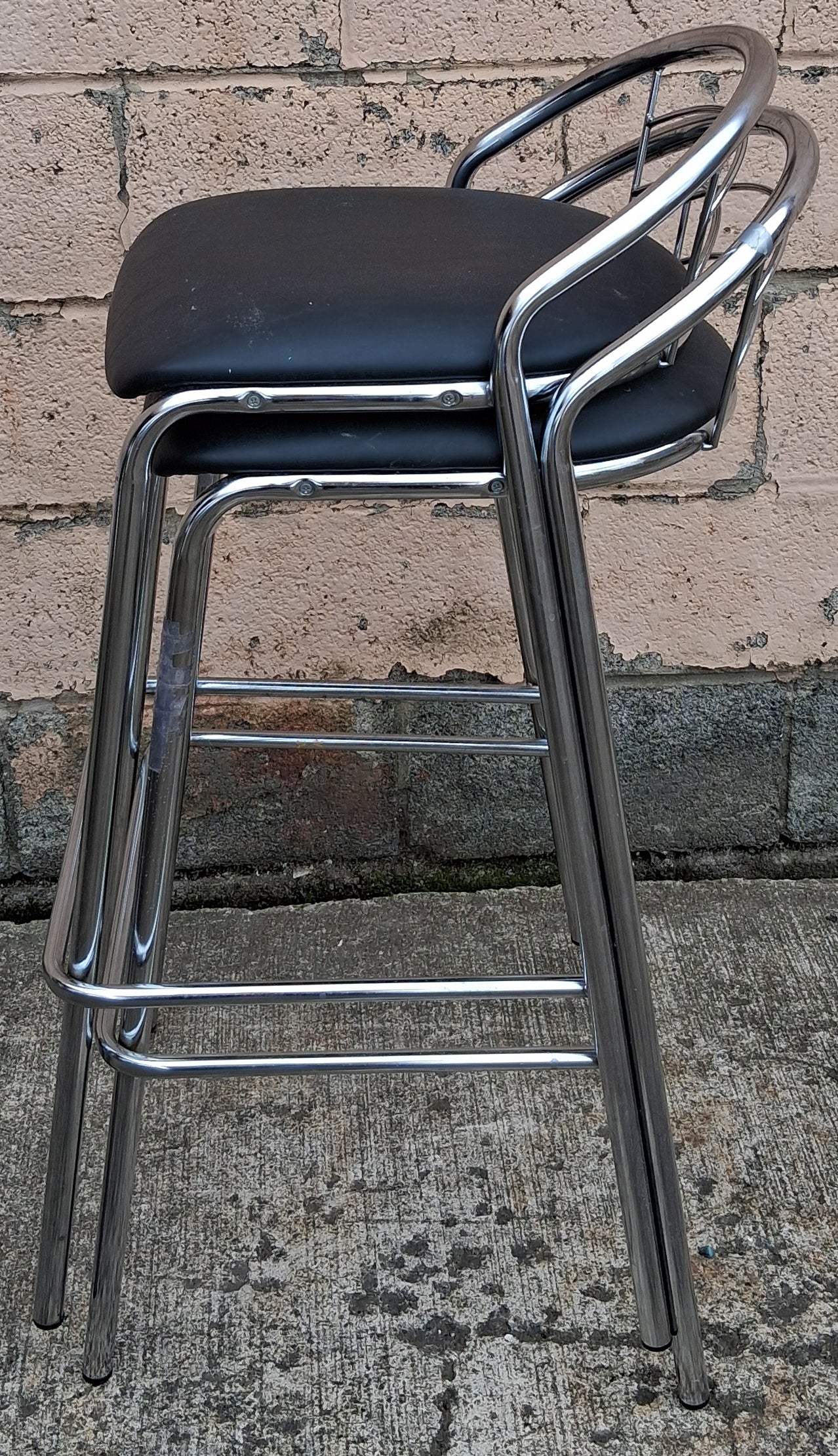 Pair of Vintage Old Reclaimed Salvaged Stackable Stacking Modern Chrome Counter Bar Dining Chairs Seat Stool Vinyl Upholstery Fabric