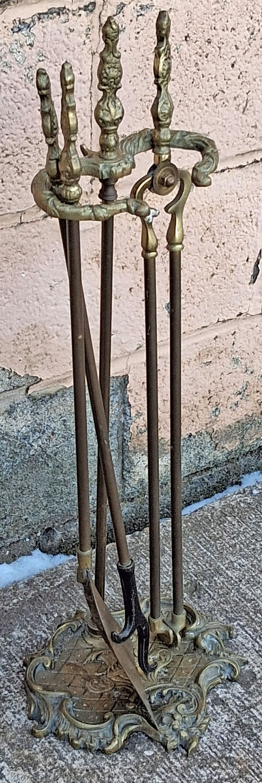 3pc Set Vintage Art Nouveau Old Reclaimed Salvaged Solid Brass Fireplace Tools Poker Shovel Tongs Stand Holder Decorative Design