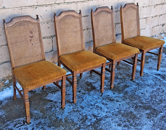 Set of Vintage Antique Old Reclaimed Salvaged Mid Century Modern Caned Back SOLID Wood Wooden Dining Side Accent Chairs Fabric Seats