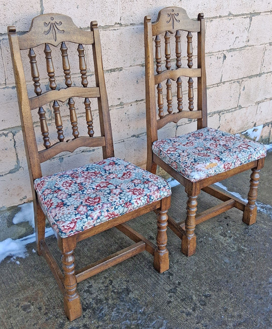 Pair Vintage Antique Mid Century Colonial Old Reclaimed Salvaged SOLID Wood Wooden Side Dining Accent Chairs Floral Fabric Upholstered Seats