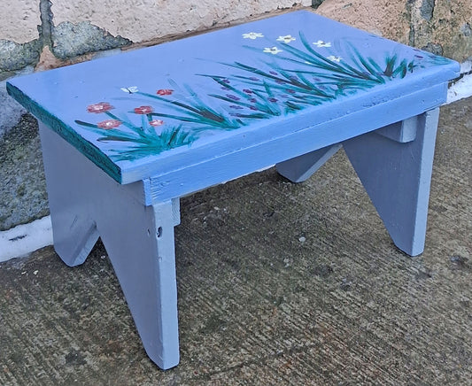 Small Vintage Antique Old Handmade Hand Painted Solid Wood Wooden Foot Step Stool Plant Stand Side Accent Chair Seat Garden Bench