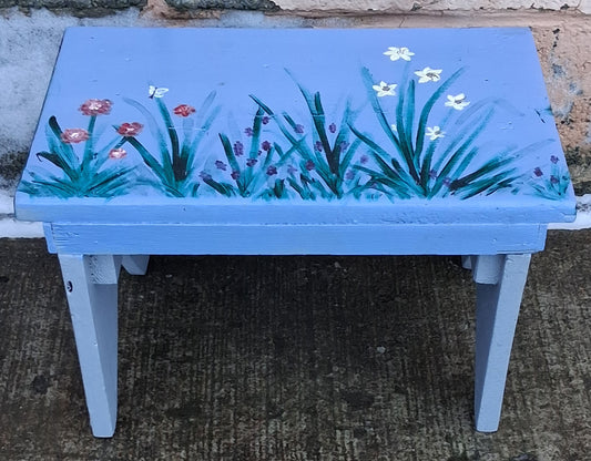 Small Vintage Antique Old Handmade Hand Painted Solid Wood Wooden Foot Step Stool Plant Stand Side Accent Chair Seat Garden Bench