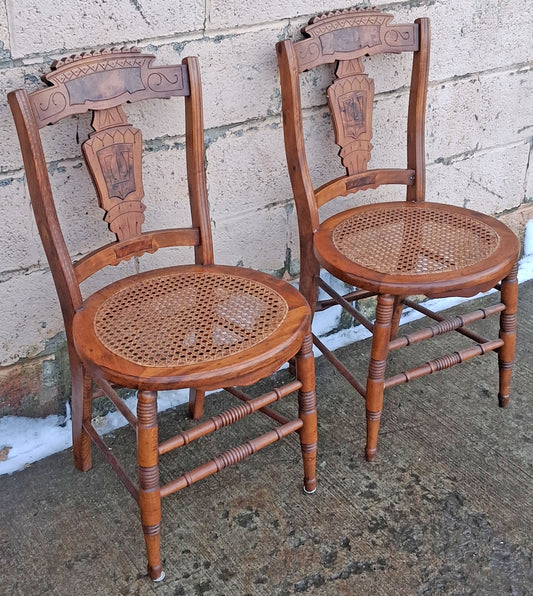 Pair of Antique Vintage Old Victorian Eastlake Reclaimed Salvaged SOLID Walnut Wood Wooden Side Dining Accent Lounge Chairs Caned Seat